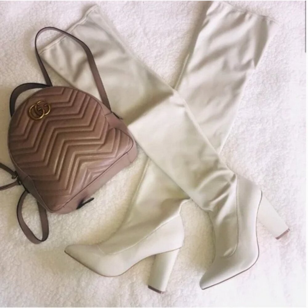 Pointed Toe Neoprene Over The Knee Boot Cream